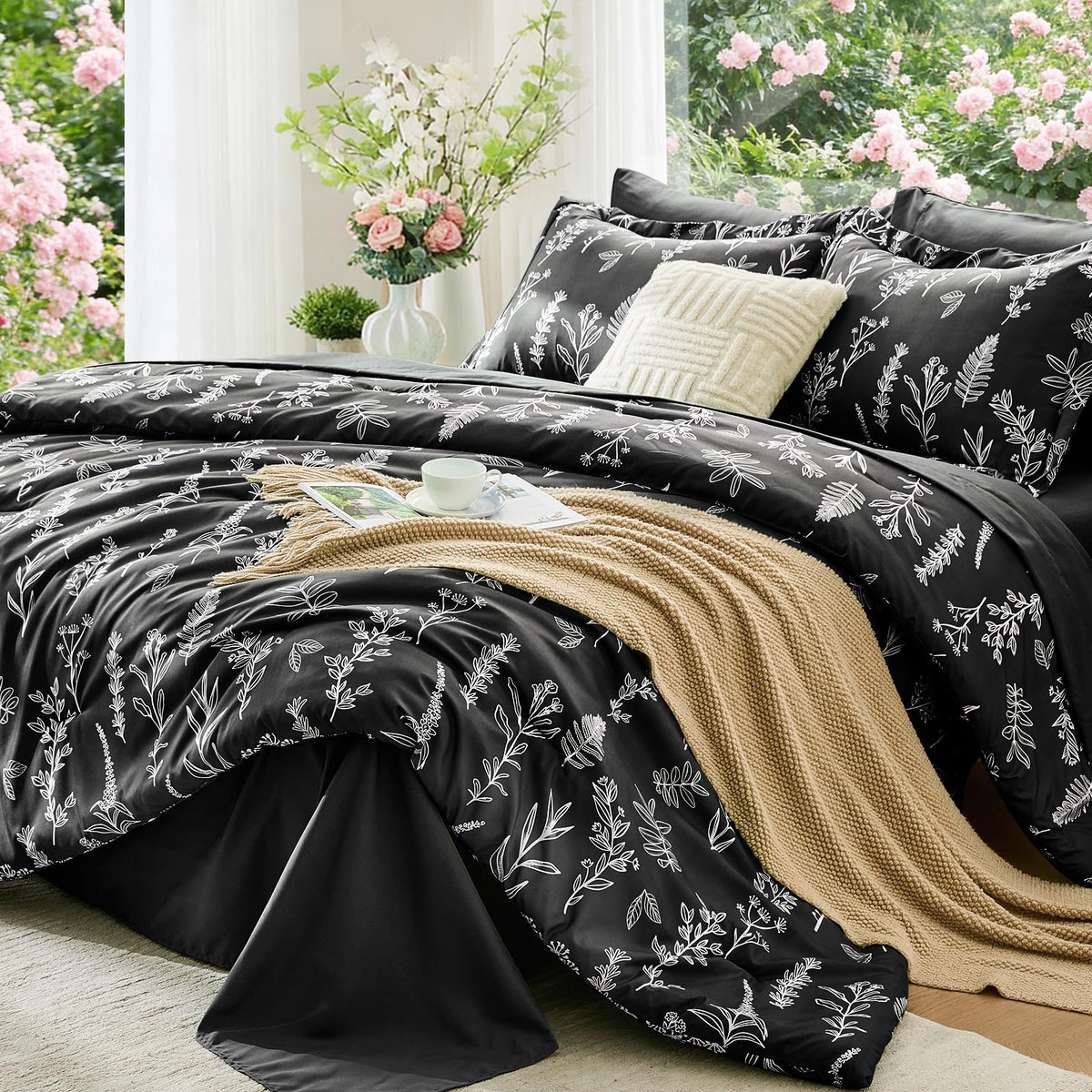 MUXHOMO Beige Full Comforter Set, Elegant Floral Print Bed in a Bag 7 Pieces, Ultra Soft & Breathable Reversible Botanical Pattern Bedding Set with Comforter, Sheets, Pillowcases, and Shams