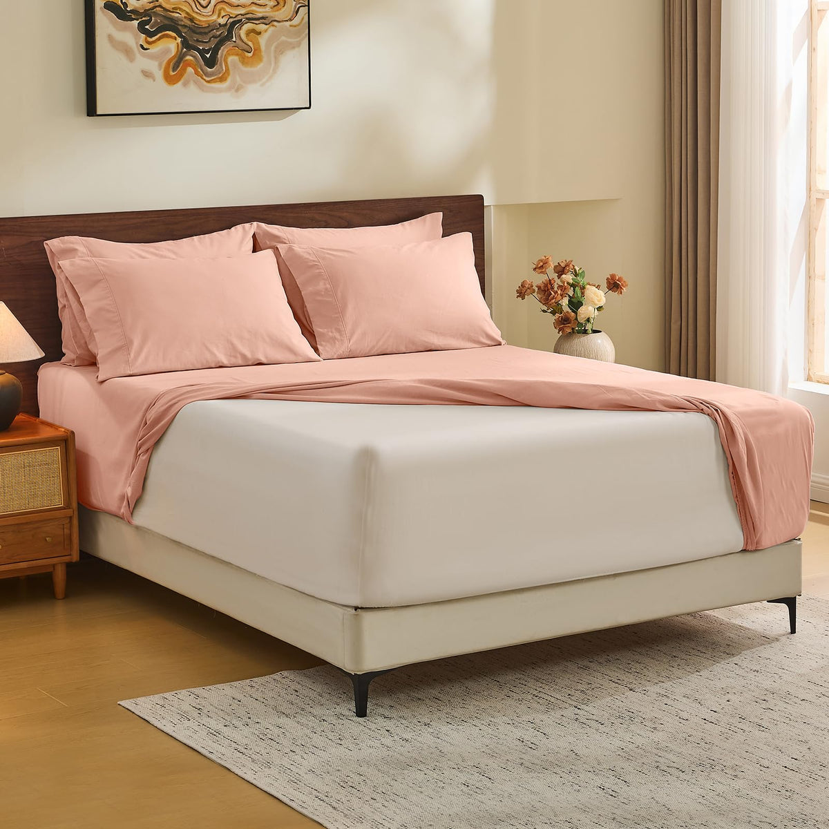 MEISHANG 100% French Linen Sheets Queen,4 Pcs,18-24" Extra Deep Pocket