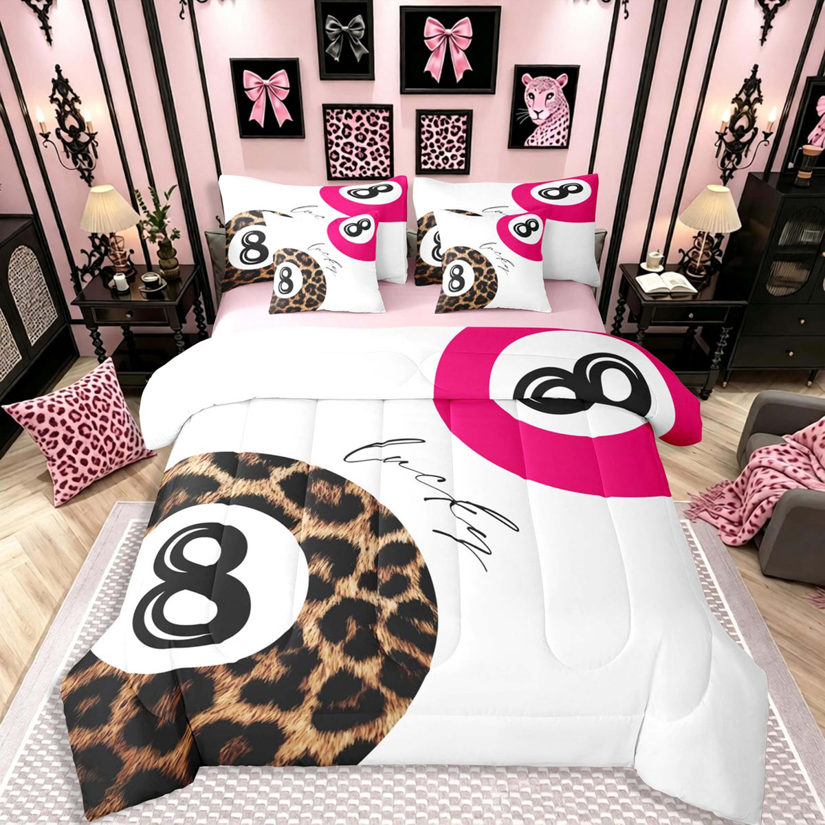 Erosebridal Leopard Print Bedding Set,7 Piece Pink Lucky 8 Ball Cheetah Bed in A Bag Queen Comforter Set for Boys Girls Women Preppy Room Decor Aesthetic Comforter and Sheets Fashion Coquette Bed Set