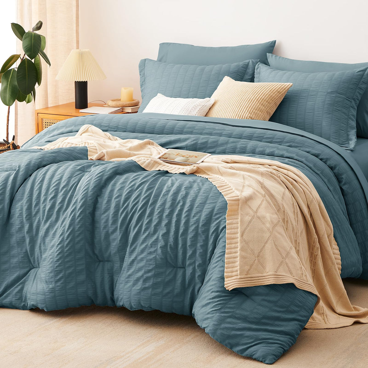CozyLux Queen Comforter Set, 7 Pieces Beige Seersucker Bed in a Bag