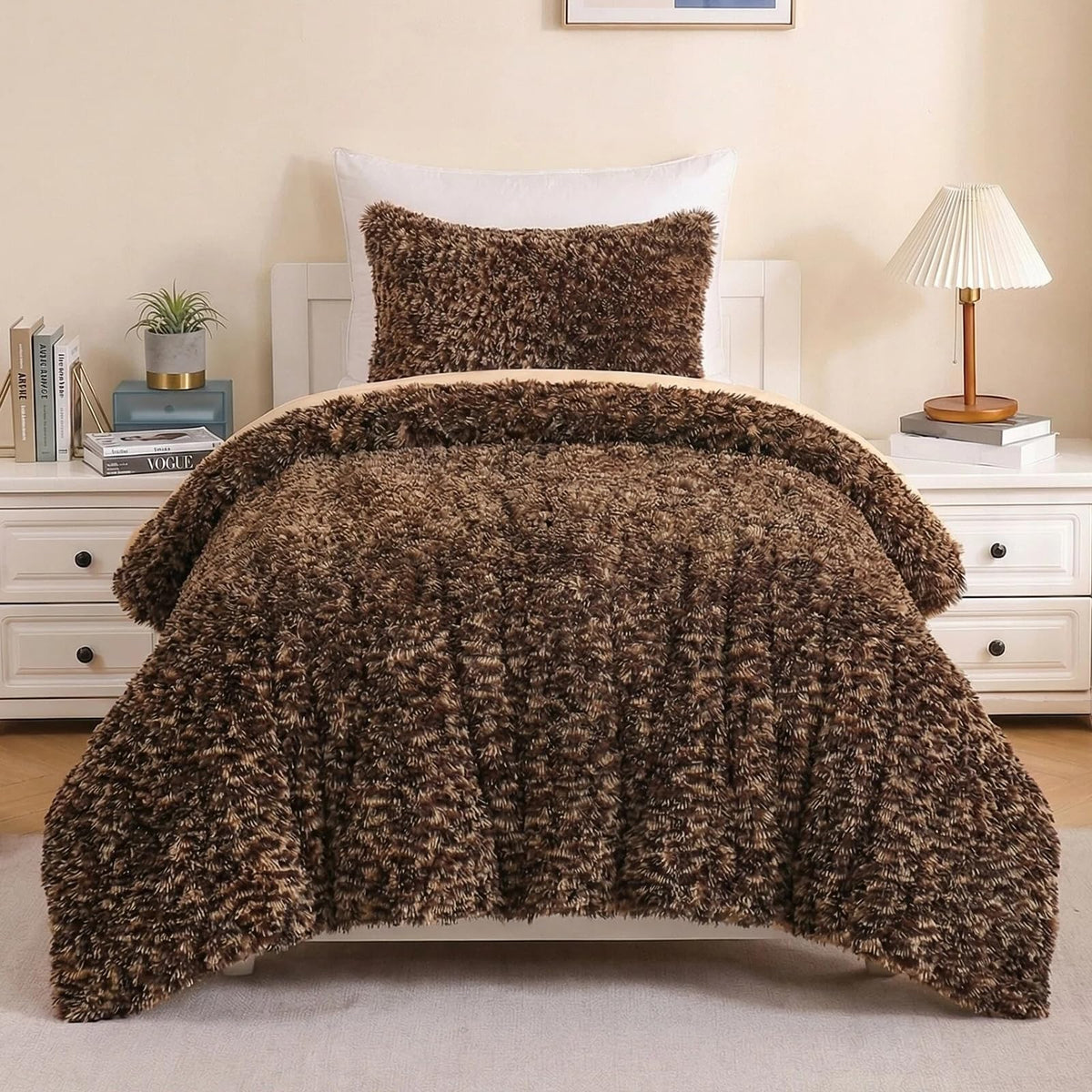 Cheetah Print Fluffy Faux Fur Comforter Set Full Size, 3 Pieces, Brown