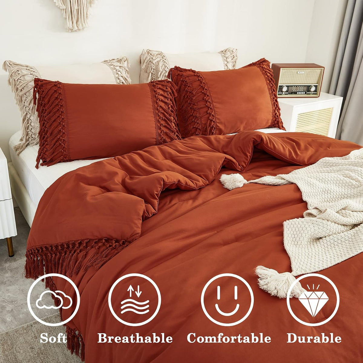 Andency Terracotta Comforter Set Queen, 3 Pieces Boho Tassel Bedding