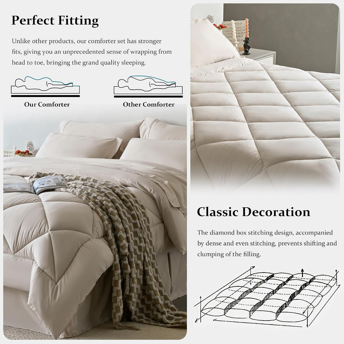 Newspin Queen Comforter Set 8 Pieces Bed in a Bag Soft Bedding Set Beige