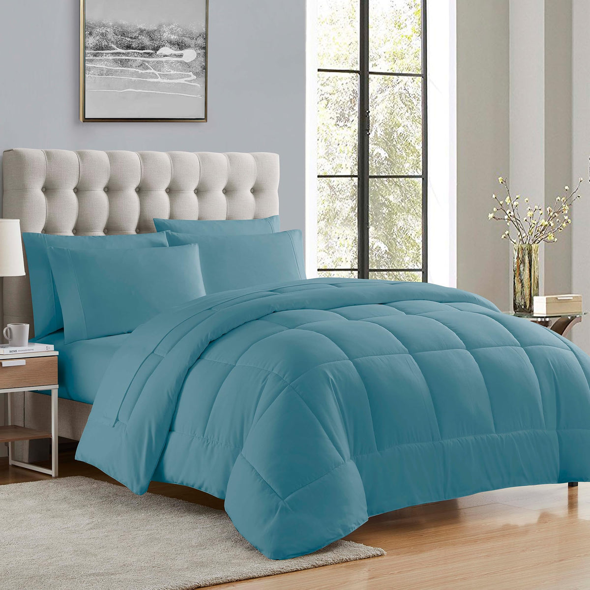 Sweet Home Collection 5 Piece Comforter Set Bag Solid Color All Season Soft Down Alternative Blanket & Luxurious Microfiber Bed Sheets, Navy, Twin