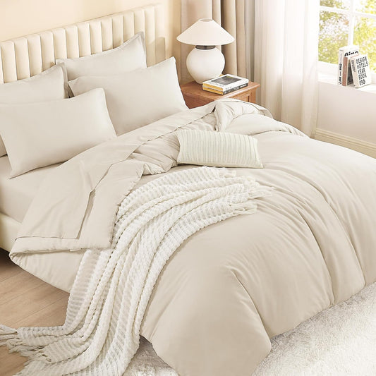 Litanika King Comforter Set with Sheets Beige - 7 Pieces Solid Bed in a Bag