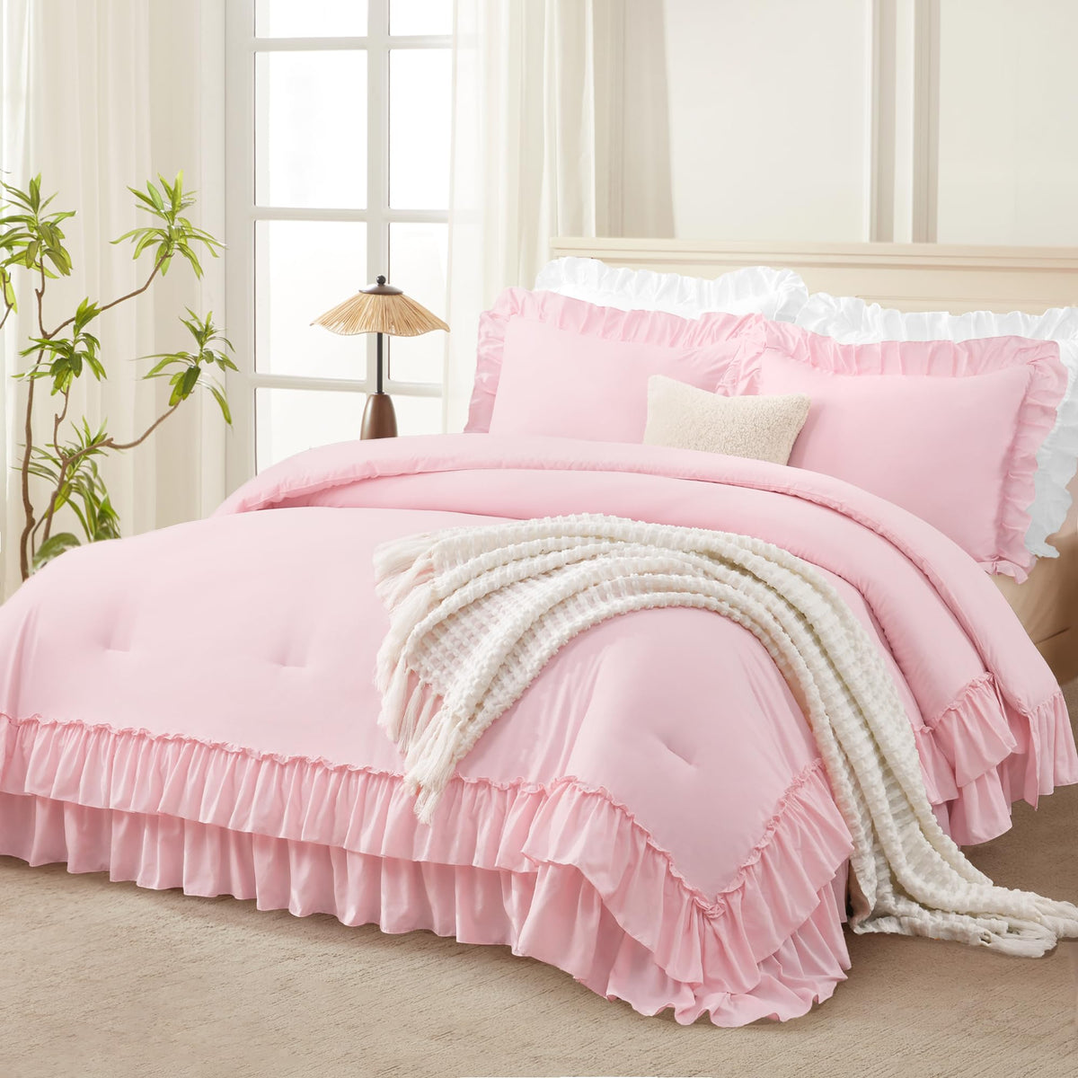 Andency Beige Ruffle Full Size Comforter Set, 3 Pieces