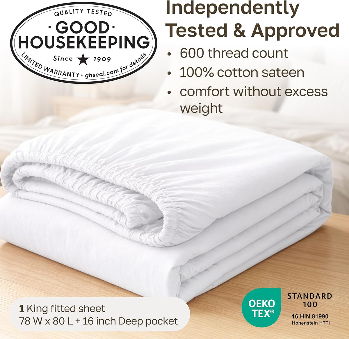 California Design Den Luxury 600 Thread Count King Size Fitted Sheet, White