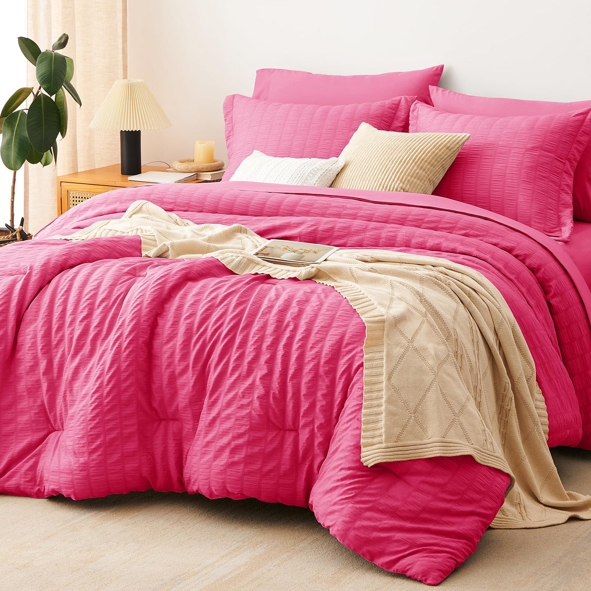 CozyLux Queen Comforter Set, 7 Pieces Beige Seersucker Bed in a Bag
