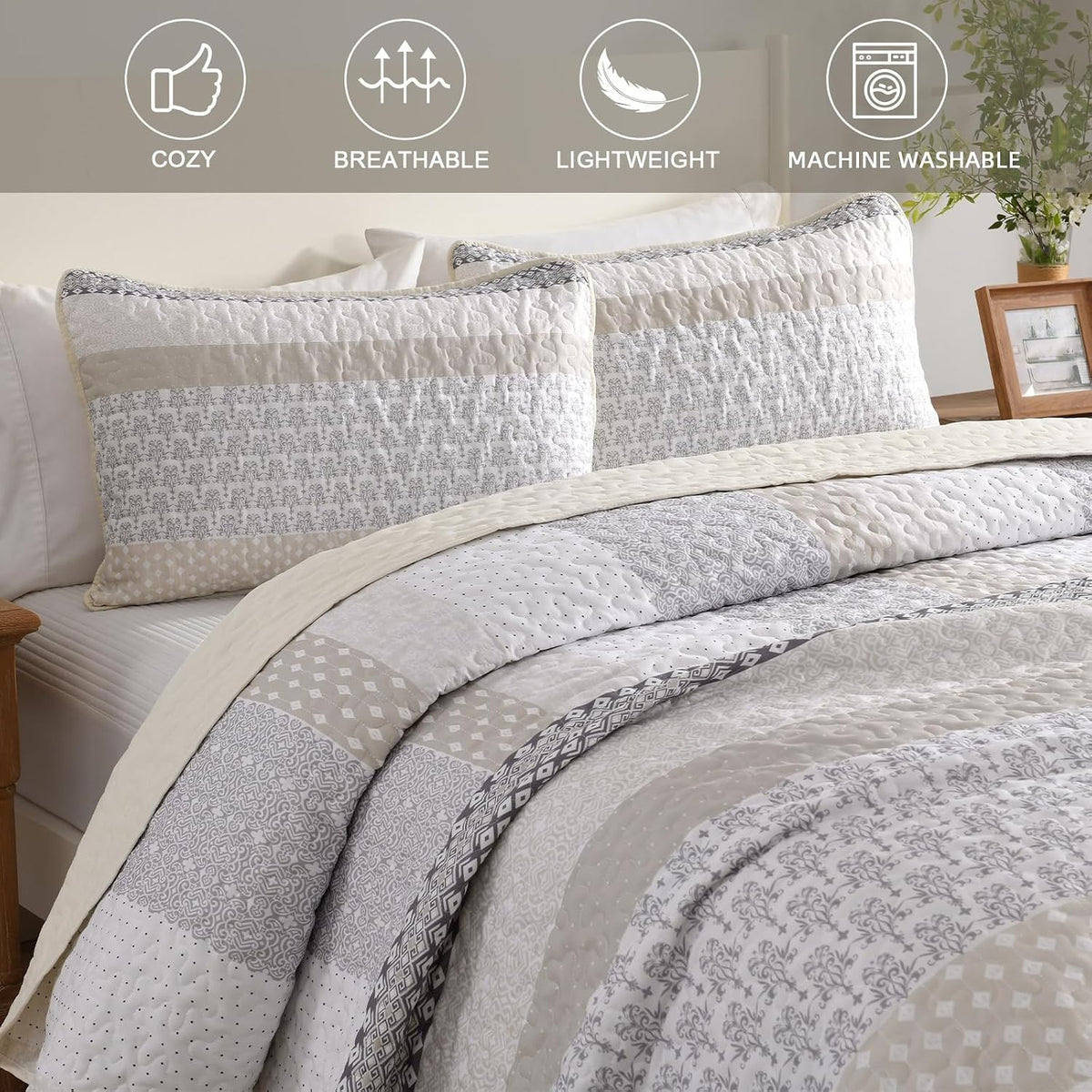 WONGS BEDDING Beige Quilt Queen Size, Boho Striped Bedspread