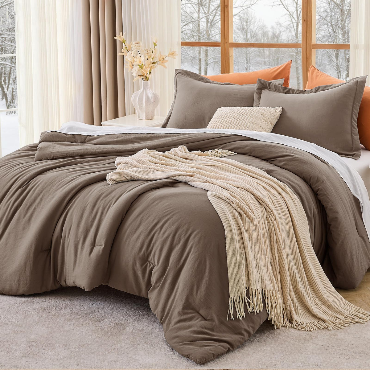 MUXHOMO Queen Size Comforter Set Beige, 3 Piece Solid Bedding for All Seasons, Warm Down Alternative Bed Set Includes 1 Lightweight Comforter (90"x90") and 2 Pillowshams (20"x26")