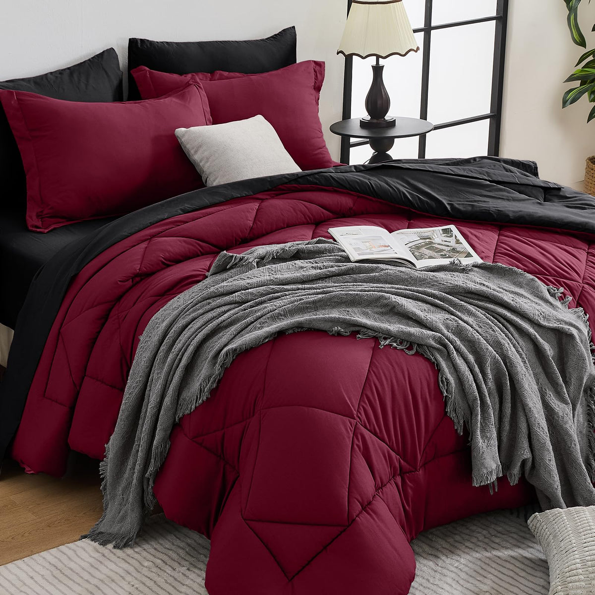 HEVUMYI 7-Piece King Comforter Set, Dark Grey Bed in a Bag