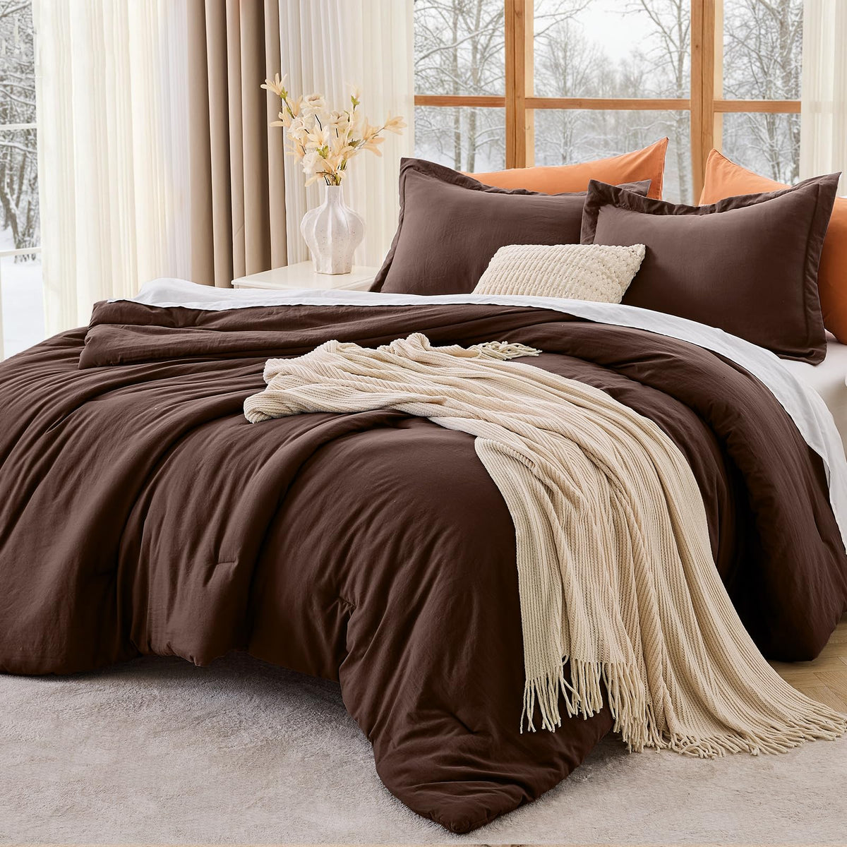 MUXHOMO Queen Size Comforter Set Beige, 3 Piece Solid Bedding for All Seasons, Warm Down Alternative Bed Set Includes 1 Lightweight Comforter (90"x90") and 2 Pillowshams (20"x26")