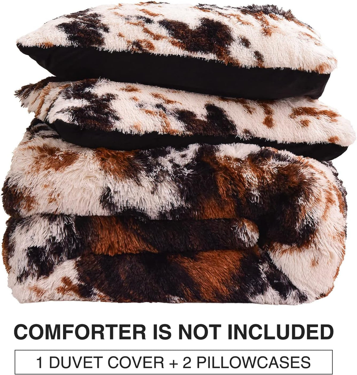 Aimuan Cow Print Duvet Cover Shaggy Fluffy Tie Dye Brown Black Velvet Bedding Cover Set Super Soft Faux Fur Fuzzy Comforter Cover with Pillowcases (Coffee-Black, Queen)