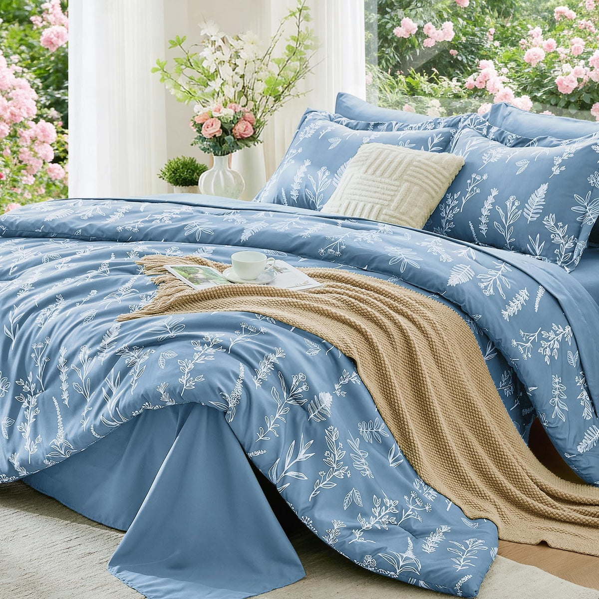 MUXHOMO Beige Full Comforter Set, Elegant Floral Print Bed in a Bag 7 Pieces, Ultra Soft & Breathable Reversible Botanical Pattern Bedding Set with Comforter, Sheets, Pillowcases, and Shams