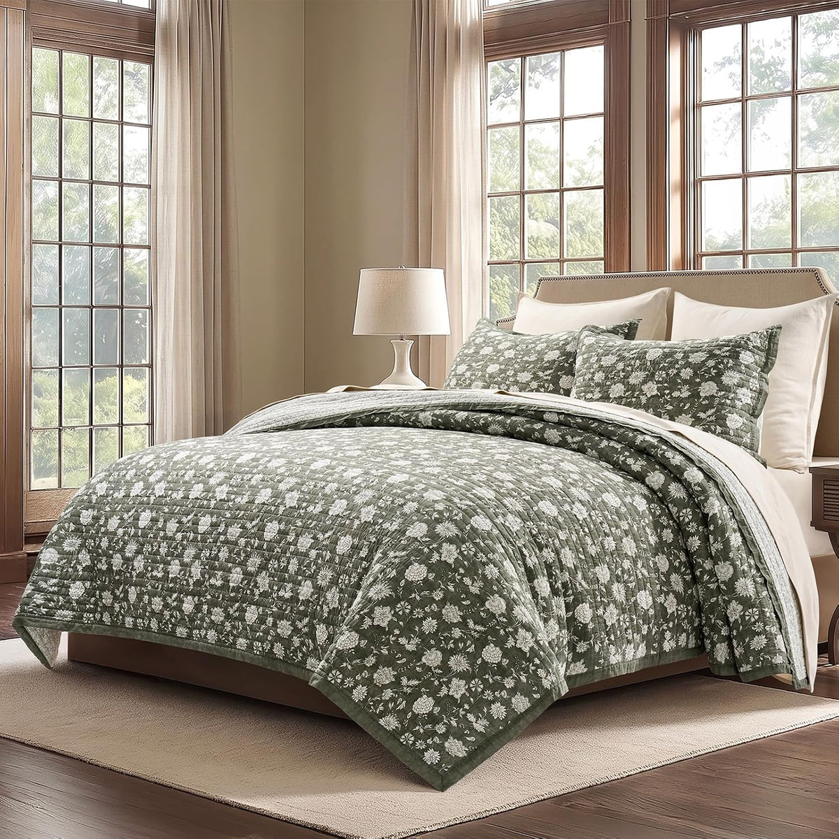EverGrace 100% Cotton Floral Quilt Set, King Size, Sage Green 108"×96"
