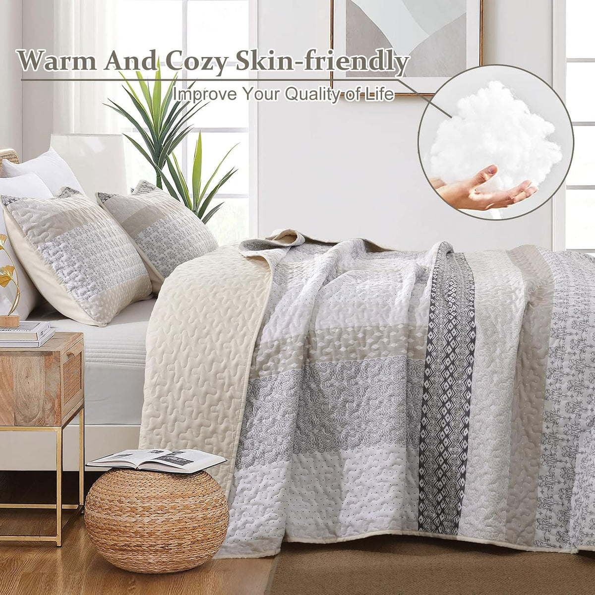 WONGS BEDDING Beige Quilt Queen Size, Boho Striped Bedspread