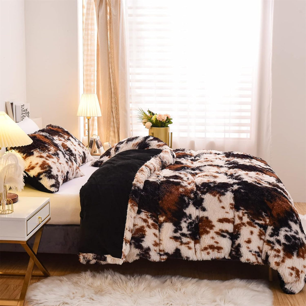 Aimuan Cow Print Duvet Cover Shaggy Fluffy Tie Dye Brown Black Velvet Bedding Cover Set Super Soft Faux Fur Fuzzy Comforter Cover with Pillowcases (Coffee-Black, Queen)