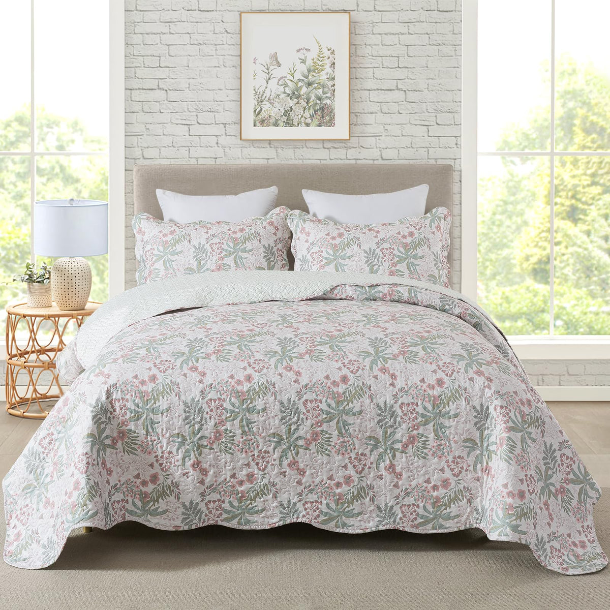 Travan 3-Piece Quilt Set Quilted Bedspread Lightweight Coverlet Set Garden Style Floral Printed Oversized Quilted Bedding Set with Shams for All Season, Exquisite, Queen Size