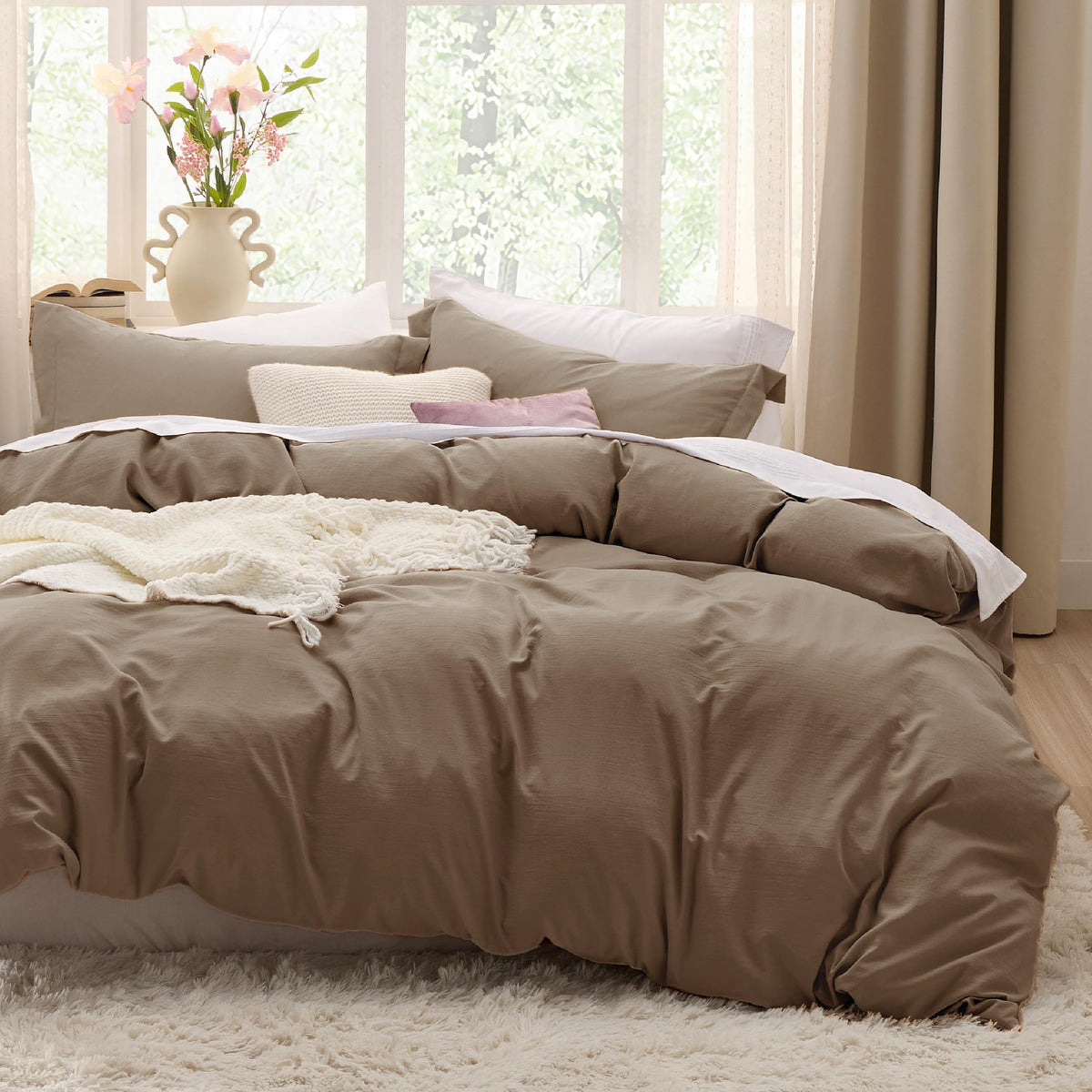 Bedsure Prewashed Duvet Cover Queen, Cotton-Like Soft Bedding Set, Beige