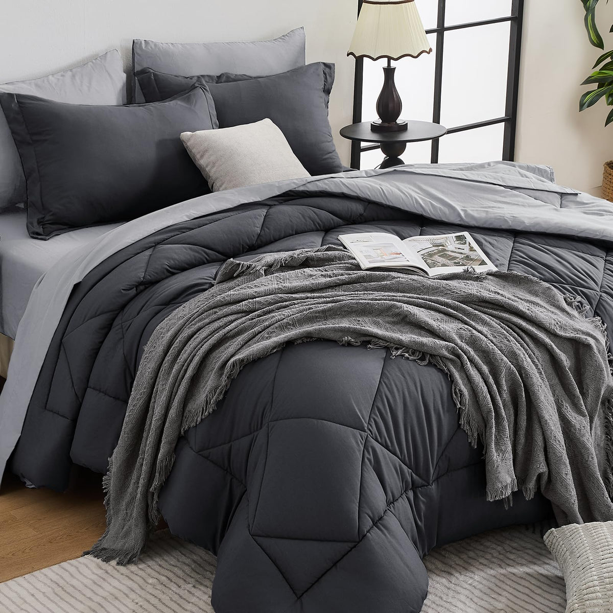 HEVUMYI 7-Piece King Comforter Set, Dark Grey Bed in a Bag