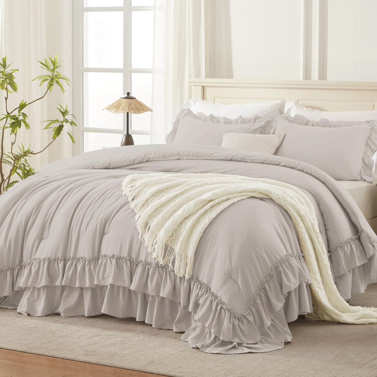 Andency Beige Ruffle Full Size Comforter Set, 3 Pieces