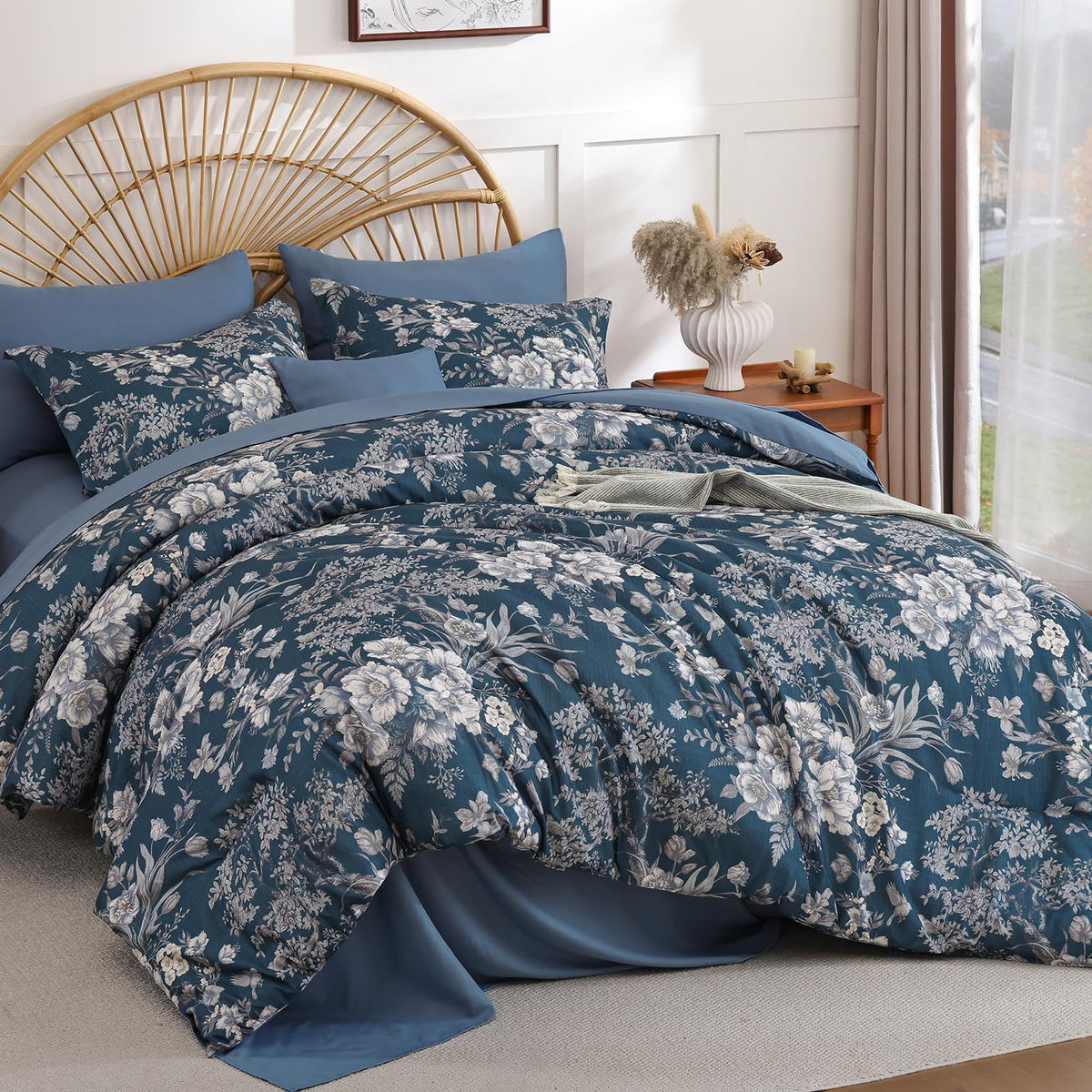 Queen Comforter Set 8 Pieces, Floral Comforter Set, Brown Bed in a Bag