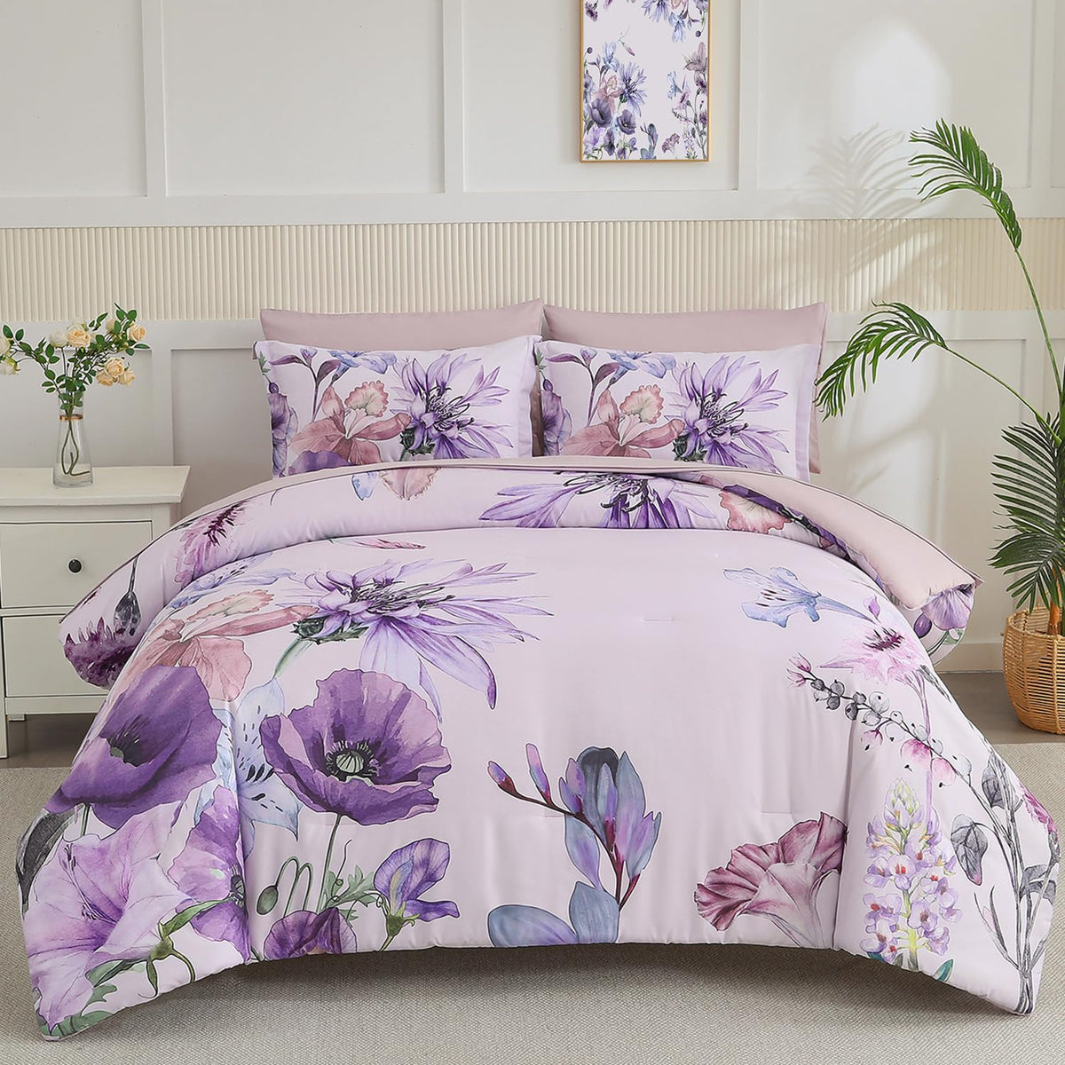 Yogeneg 7 Piece Bed in a Bag Queen Comforter Set Botanical Floral Bedding Set,White Flowers Leaves Printed on Black Reversible Design,Soft Microfiber Comforter with Sheet Set,All Season