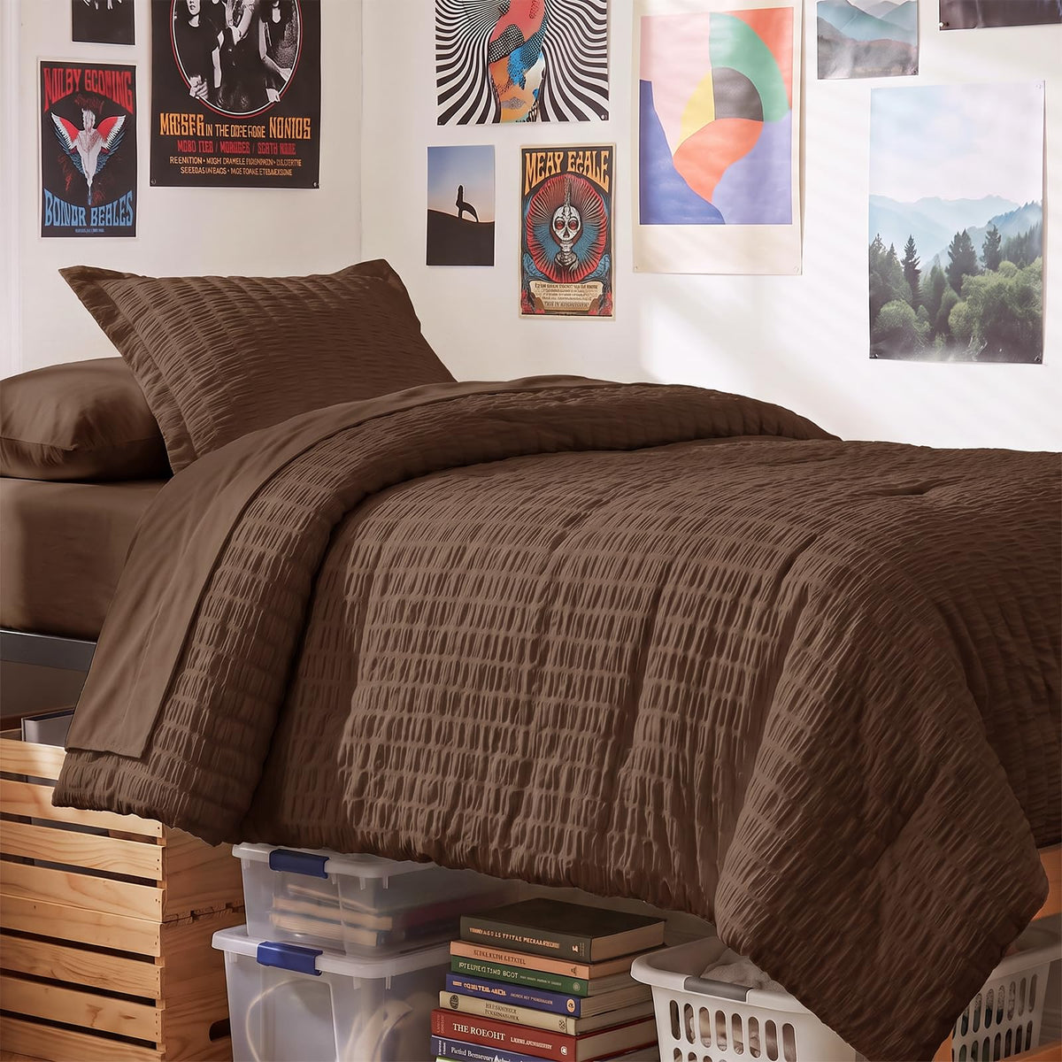 CozyLux Queen Comforter Set, 7 Pieces Beige Seersucker Bed in a Bag