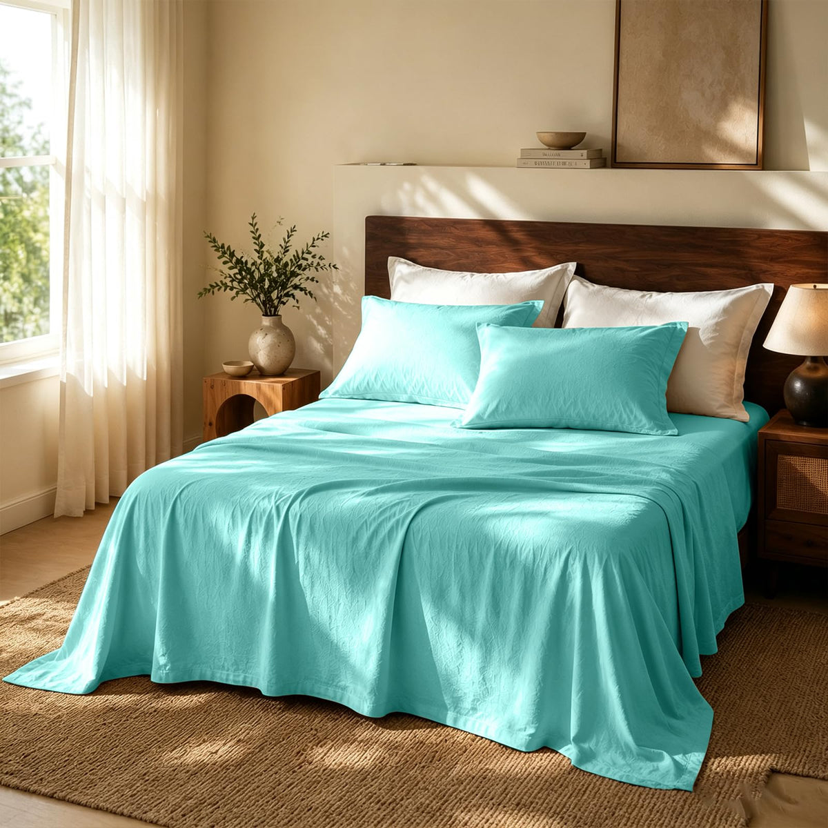 MEISHANG 100% French Linen Sheets Queen,4 Pcs,18-24" Extra Deep Pocket