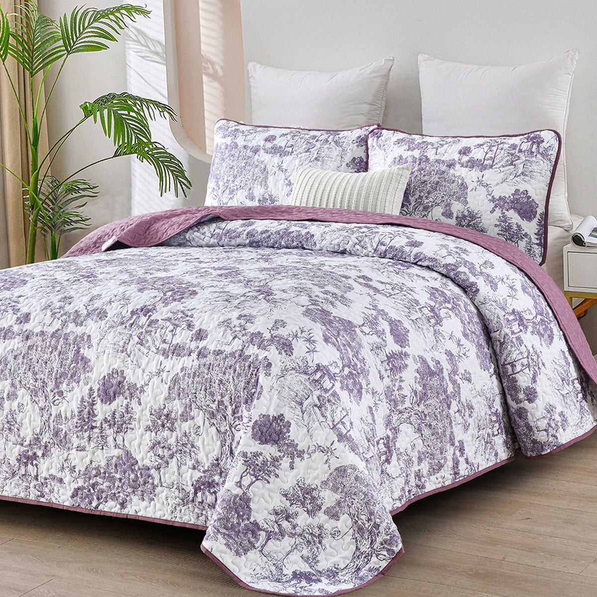 WONGS BEDDING Sage Green Quilt Set Queen Size, Botanical Floral Bedspread