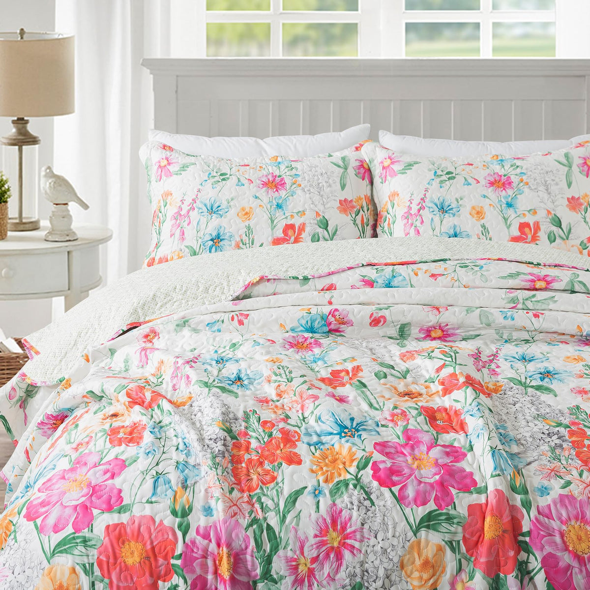 Travan 3-Piece Quilt Set Quilted Bedspread Lightweight Coverlet Set Garden Style Floral Printed Oversized Quilted Bedding Set with Shams for All Season, Exquisite, Queen Size