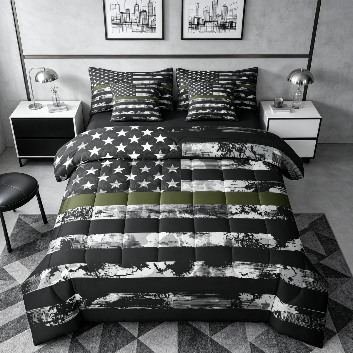 Erosebridal 7 Pcs Rustic Cow Comforter Set King Size,Western Texas Star Bed in a Bag with Flat Fitted Sheet for Cowboy Cowgirl,Cowhide Cow Print Bedding Set with Pillowcases and Cushion Cases