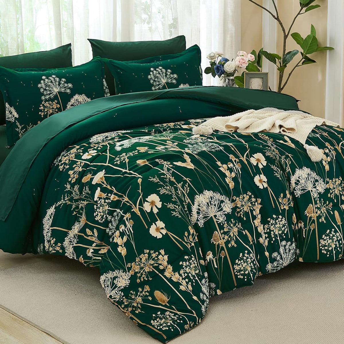 Yiran Queen Comforter Set, 7 Piece Floral Dark Green Bedding Set, Dandelion Botanical Bed in a Bag Queen, Soft Microfiber Complete Bedding Set with Comforter, Sheets, Pillowcases & Shams