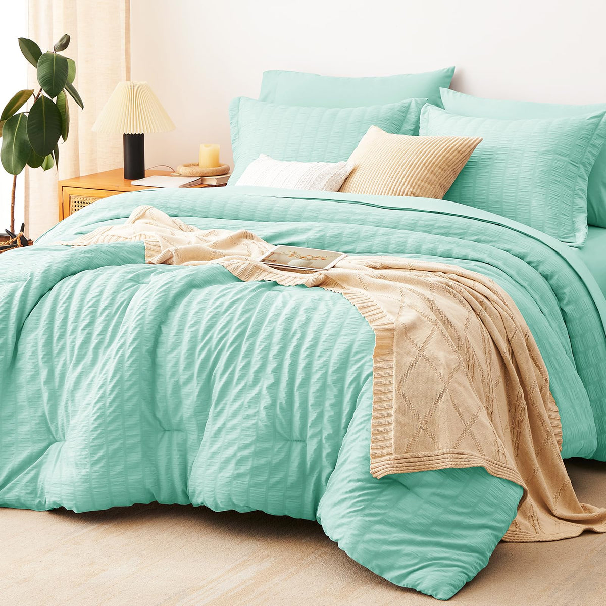 CozyLux Queen Comforter Set, 7 Pieces Beige Seersucker Bed in a Bag