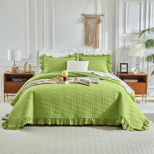 Ruffled Quilt Set King Size 96 * 108in - 3 Pieces Solid Shabby Chic Farmhouse Ruffle Bedding Rustic Coverlet & Sets Lightweight Fluffy Summer Oversized Bedspread with Shams for Women Men - Green