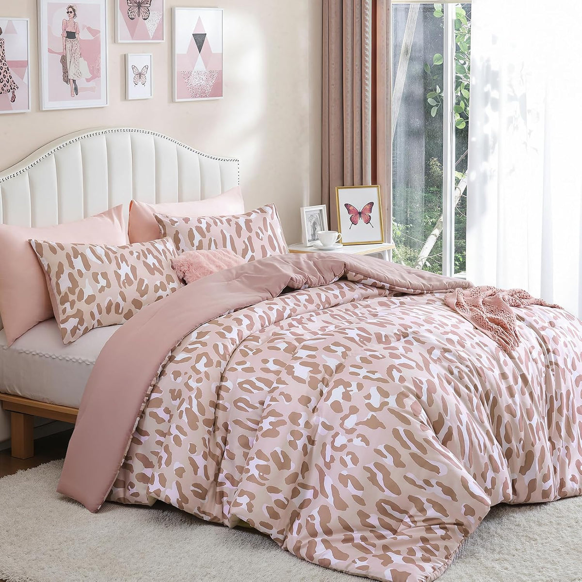 Cheetah Print Comforter Set Queen, Luxury Leopard Print Bedding, Blush