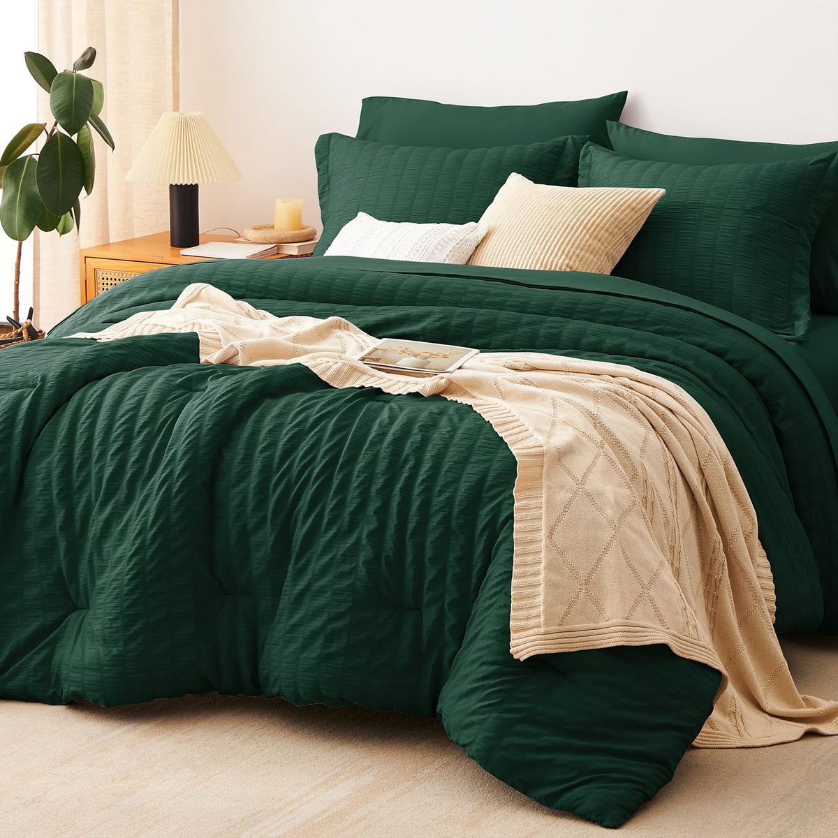 CozyLux Queen Comforter Set, 7 Pieces Beige Seersucker Bed in a Bag