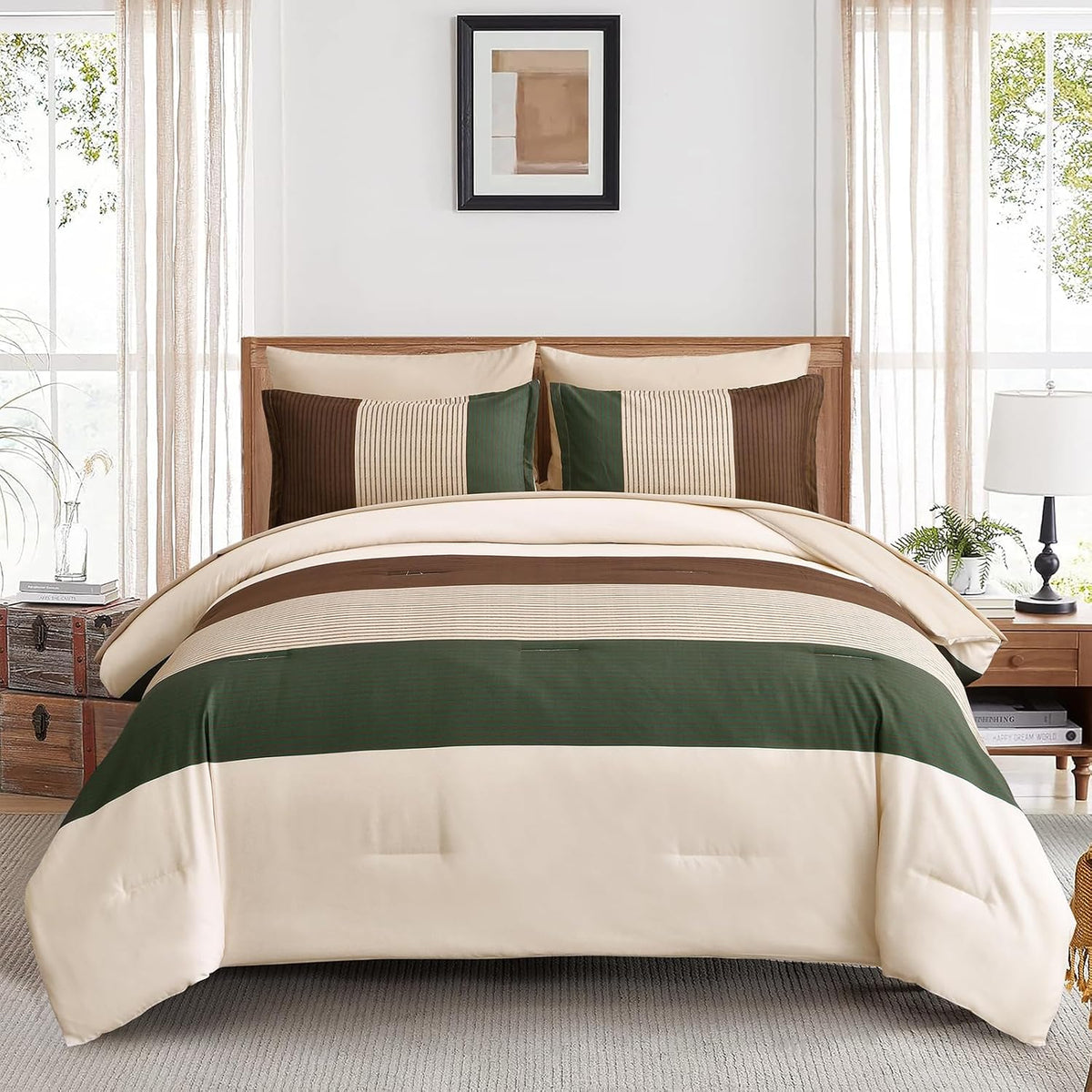 Anibedding Striped Comforter Set Queen Size, Boho Brown Green Striped Bedding Comforter Set 7 Piece Bed in a Bag, Soft Microfiber Down Alternative Farmhouse Bedding Set for All Season(90"x90")