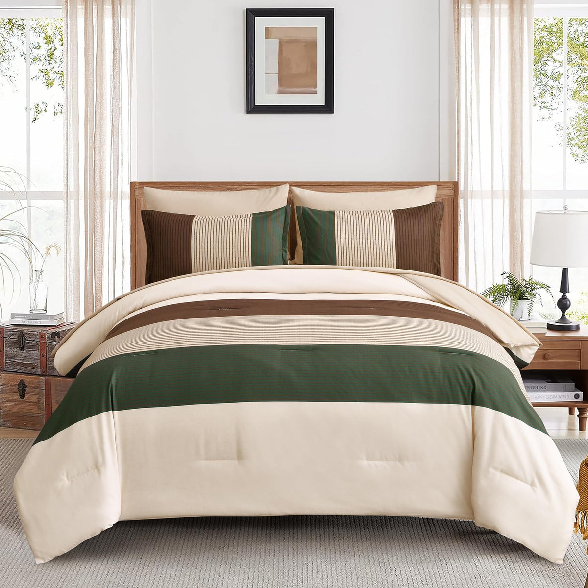 Anibedding Striped Comforter Set Queen Size, Boho Brown Green Striped Bedding Comforter Set 7 Piece Bed in a Bag, Soft Microfiber Down Alternative Farmhouse Bedding Set for All Season(90"x90")