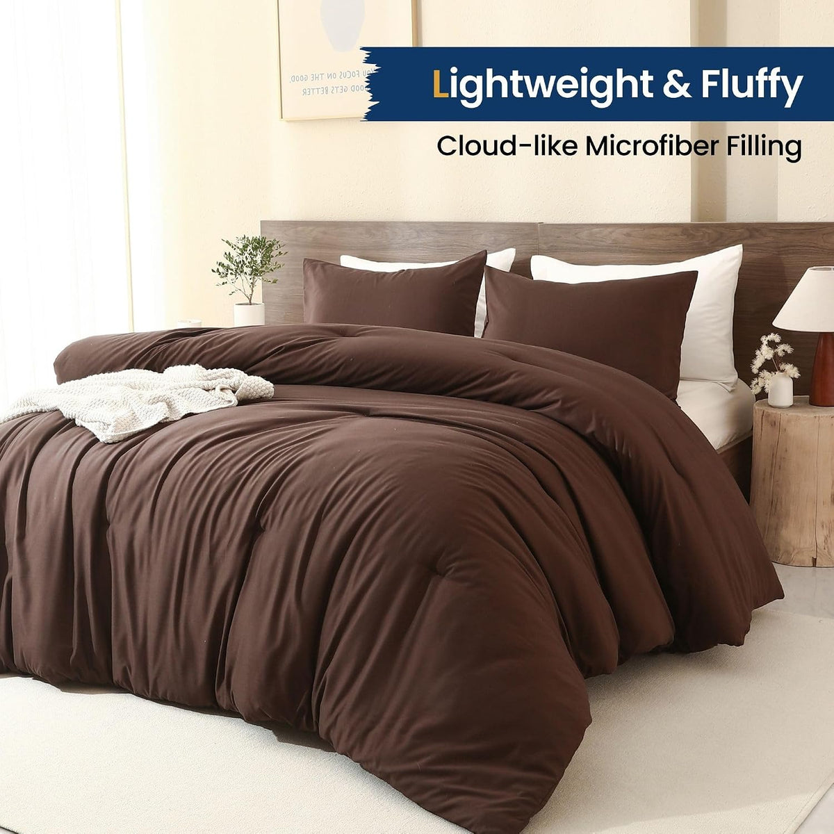Paxrac Earthy Brown Comforter Full Size, Neutral 3 Pieces Comforter Set, Lightweight Solid Bedding Set, All Seasons Soft Fluffy Full Comforter Set (80x90In Comforter & 2 Pillowcases)
