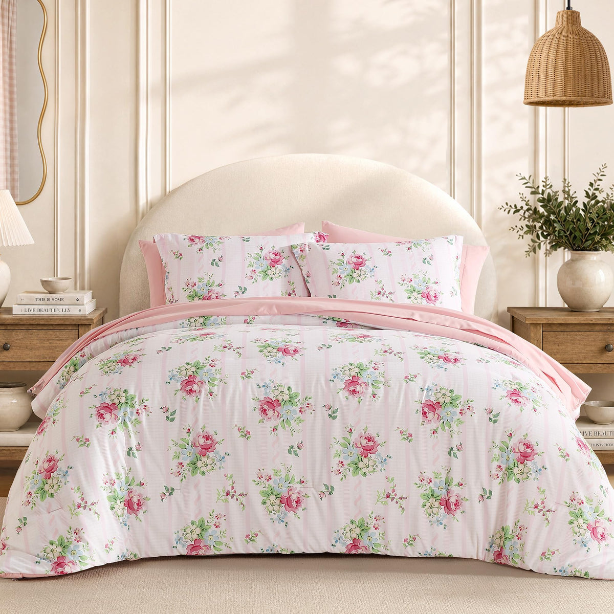 BLOOMHAVEN Queen Comforter Set-7 Pieces Brown Floral Bed in a Bag Queen