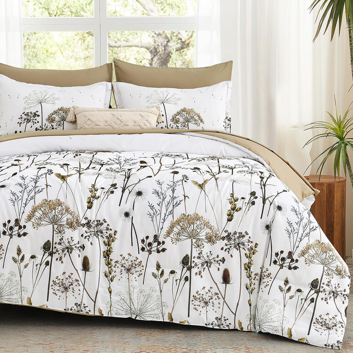 Yiran Queen Comforter Set, 7 Piece Floral Dark Green Bedding Set, Dandelion Botanical Bed in a Bag Queen, Soft Microfiber Complete Bedding Set with Comforter, Sheets, Pillowcases & Shams