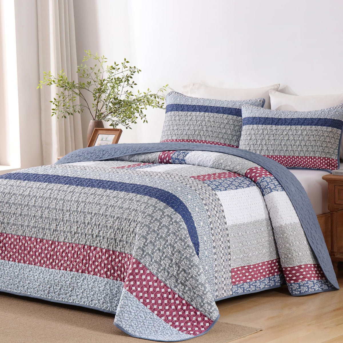 WONGS BEDDING Beige Quilt Queen Size, Boho Striped Bedspread