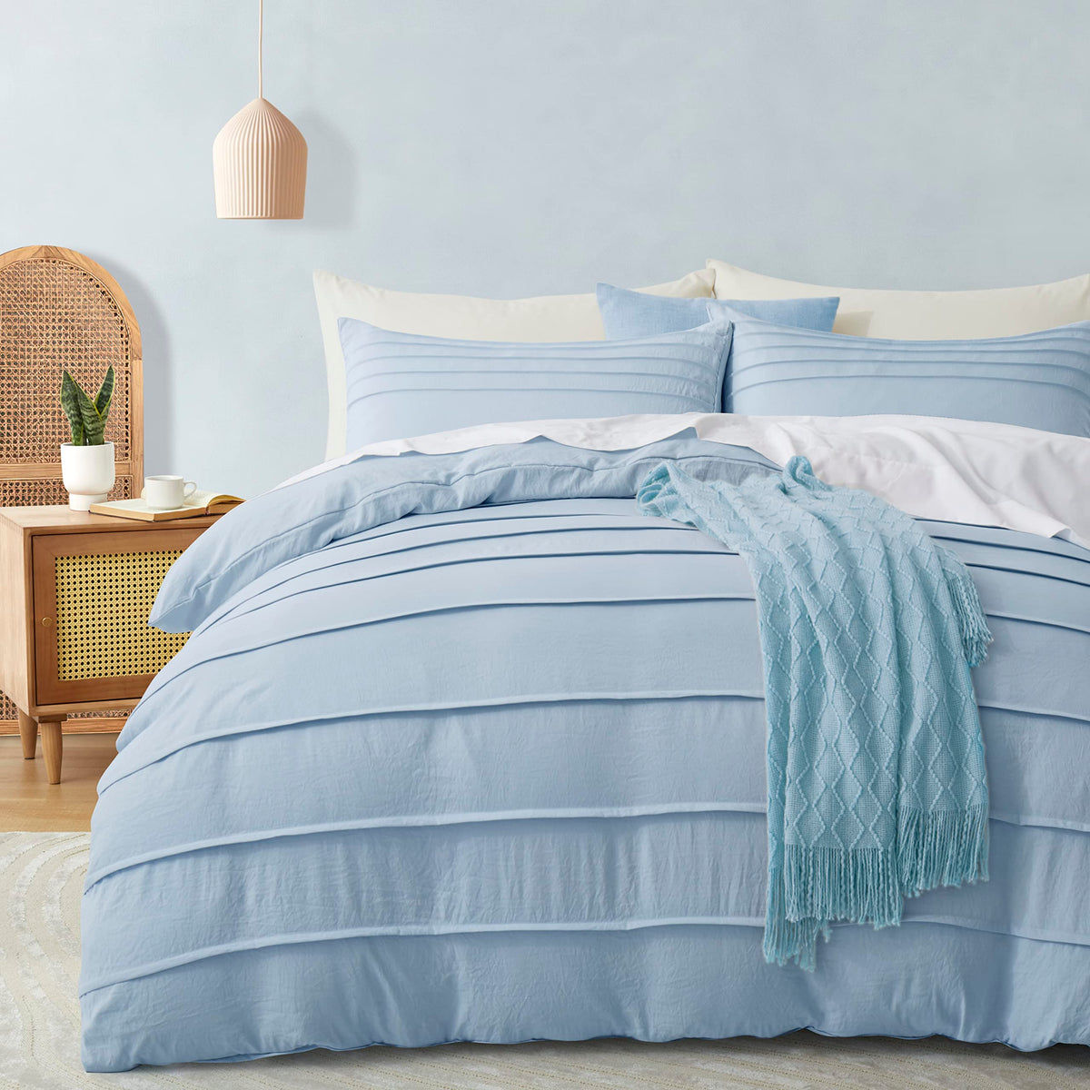 Oli Anderson 3PCS Pleated Duvet Cover Set, Sage Green, Queen