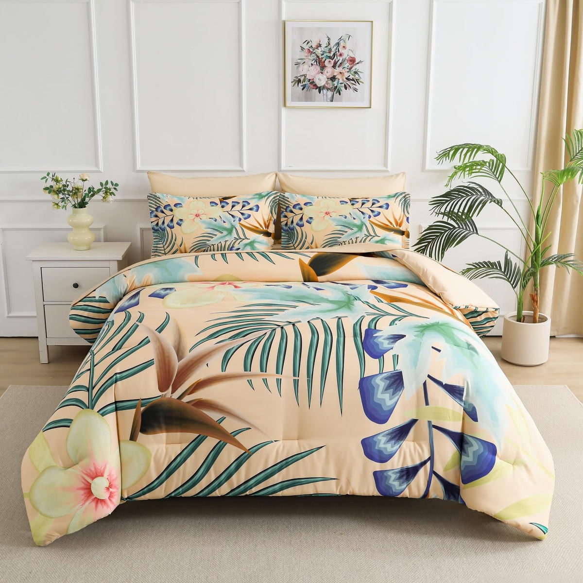 Yogeneg 7 Piece Bed in a Bag Queen Comforter Set Botanical Floral Bedding Set,White Flowers Leaves Printed on Black Reversible Design,Soft Microfiber Comforter with Sheet Set,All Season