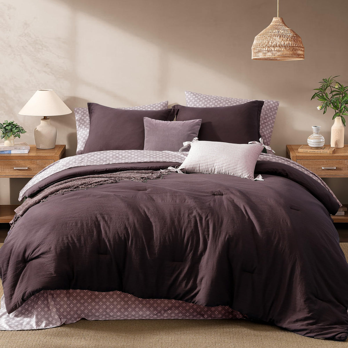 Monbix Queen Comforter Set - 7 Pieces Soft Bed in a Bag Queen Bedding Sets