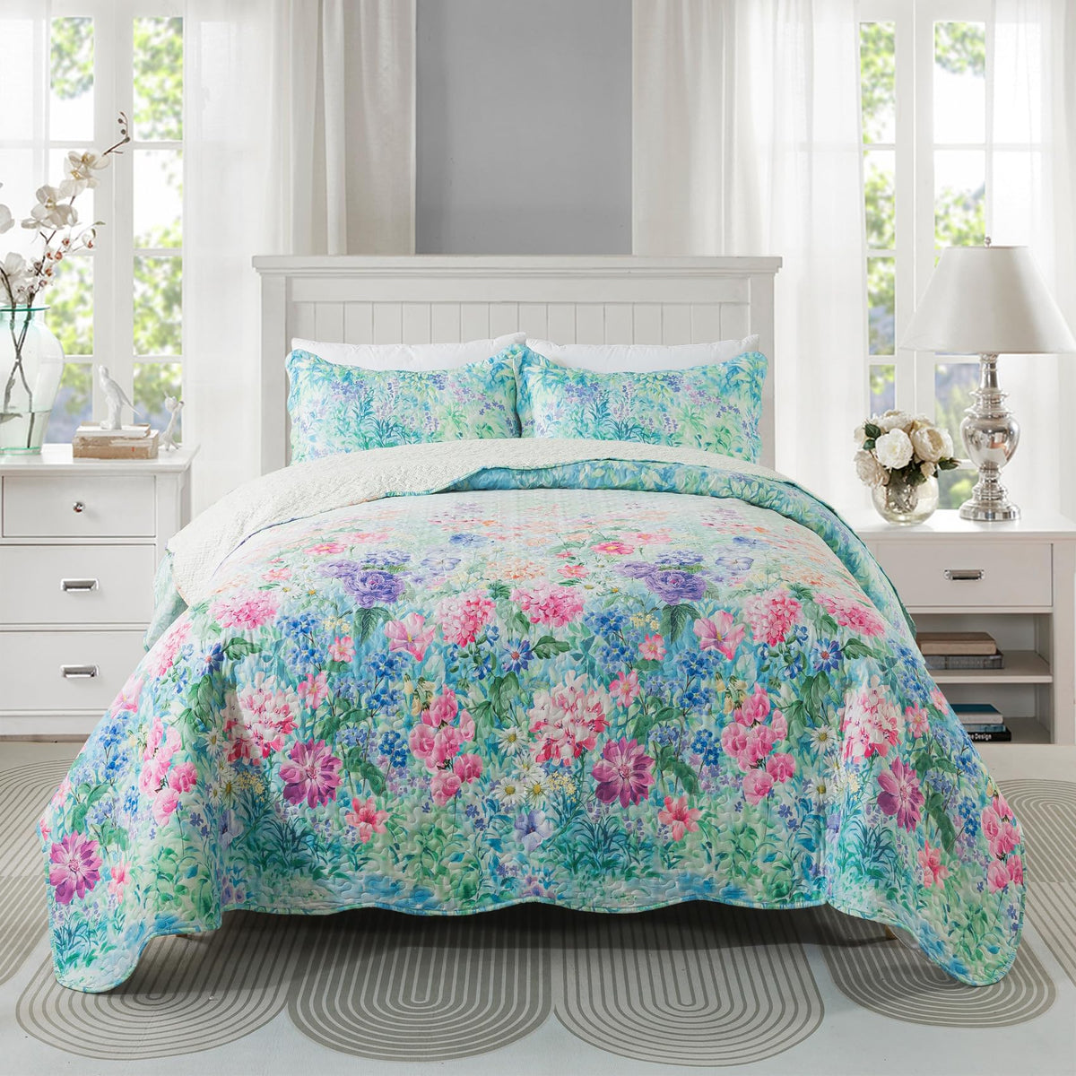 Travan 3-Piece Quilt Set Quilted Bedspread Lightweight Coverlet Set Garden Style Floral Printed Oversized Quilted Bedding Set with Shams for All Season, Exquisite, Queen Size