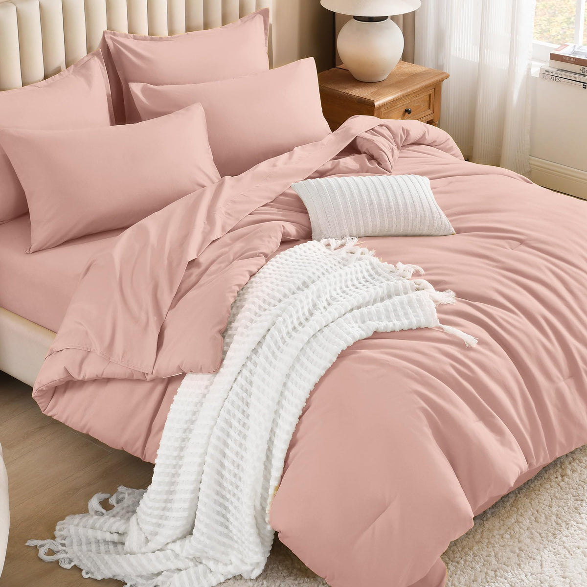 Litanika King Comforter Set with Sheets Beige - 7 Pieces Solid Bed in a Bag