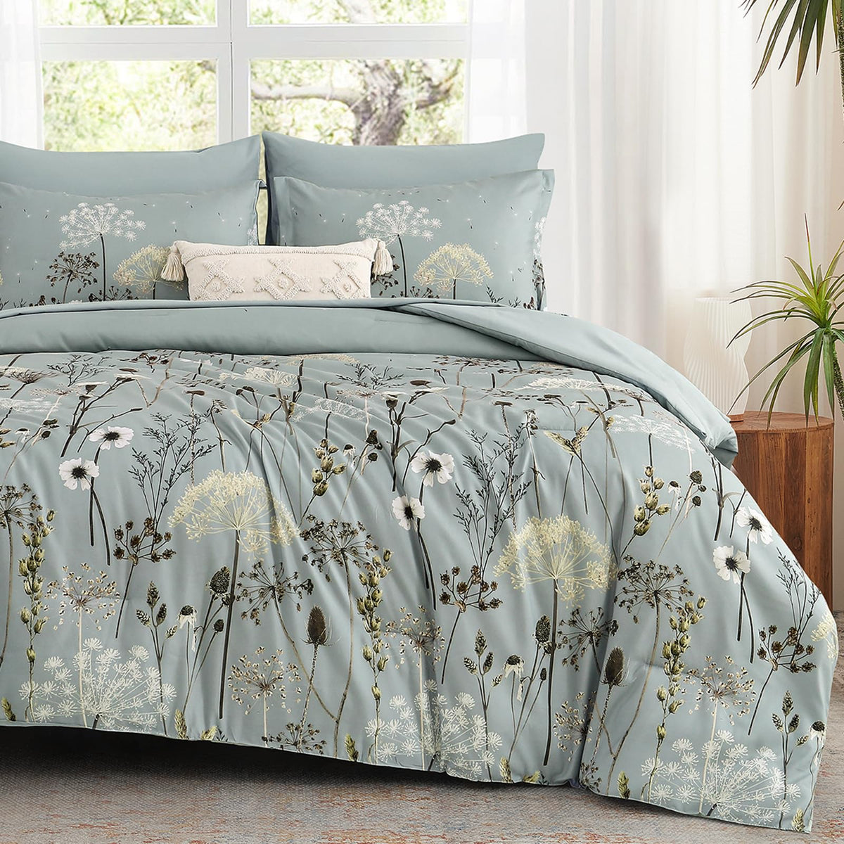 Yiran Queen Comforter Set, 7 Piece Floral Dark Green Bedding Set, Dandelion Botanical Bed in a Bag Queen, Soft Microfiber Complete Bedding Set with Comforter, Sheets, Pillowcases & Shams