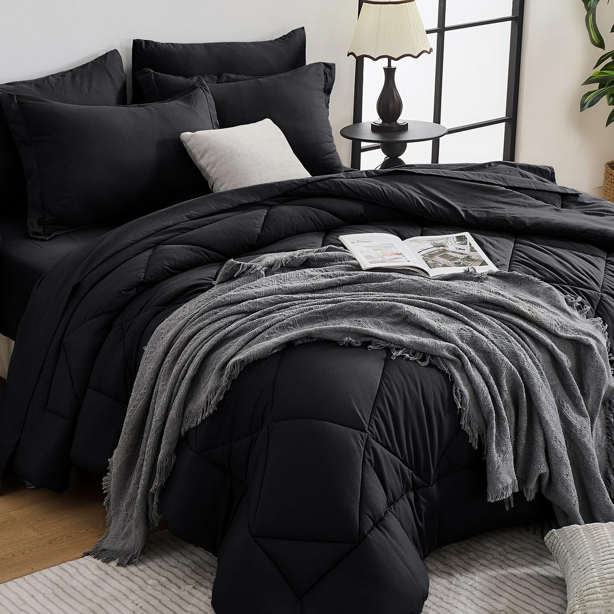 HEVUMYI 7-Piece King Comforter Set, Dark Grey Bed in a Bag